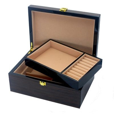 Cambridge Gold Stripe Wooden Jewellery Box Dark Brown 25cm Open PJ908G