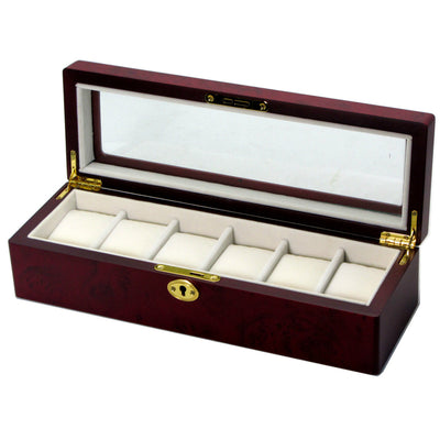 Pearl Time 6 Watch Box Glass Lid Cherrywood 34cm Open PW003B